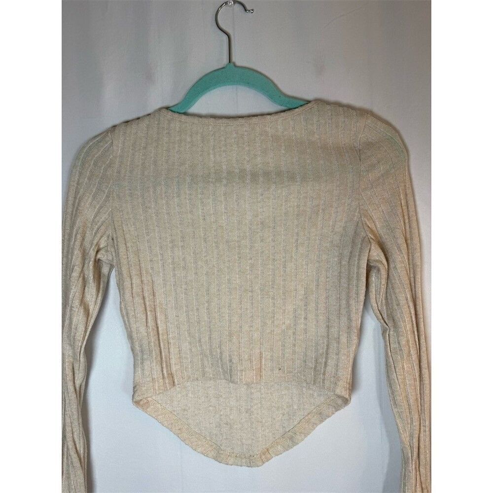 SHEIN Cropped Top Womens Size S Beige Ribbed Knit Square Neck Long Sleeve - Picture 5 of 9